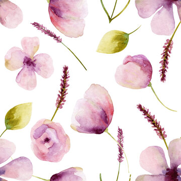 Watercolor pattern with flowers and leaves