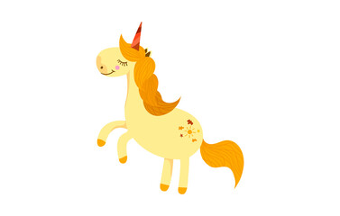Cute little yellow magic unicorn, children's vector illustration on white background. Romantic hand-drawn illustration for Kids, Print for T-shirts, Pajamas, Fabrics
