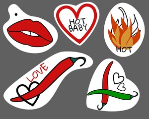 A set of vector stickers with red lips, hot chili pepper, heart, fire, with the inscription Love and hot baby. Isolated on white. EPS10