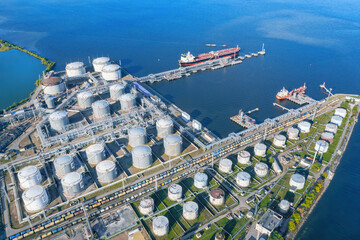 Oil terminal with a pier and a moored ship aerial view