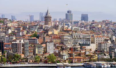 Panorama of the European part of Istanbul with the Karakoy pier and the Galata tower in the center.