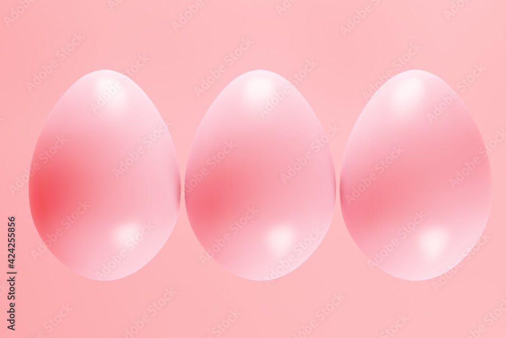 Poster three shiny eggs on a pink background with space for text. 3d rendering