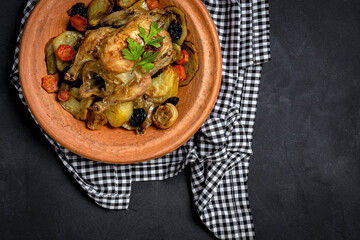 Traditional homemade chicken tajin stew with potatoes