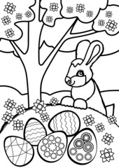 an Easter bunny under a tree and decorated eggs. black-and-white contour drawing by hand. children's coloring book. the poster.