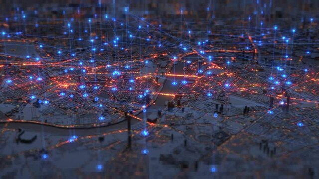 3d render of London city with wireframe details and 5g connection lines.
