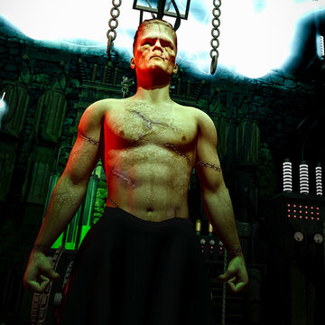 Frankenstein's monster comes alive in the Doctor Frankenstein's laboratory.