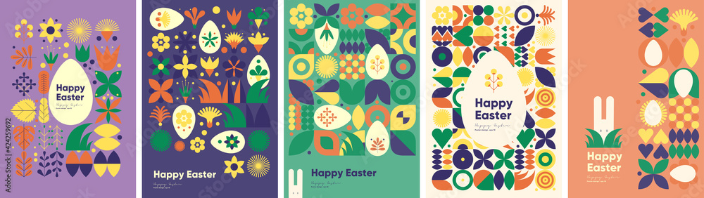 Poster happy easter. patterns. modern geometric abstract style. a set of vector easter illustrations. easte