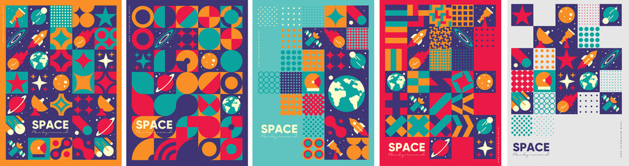 Space. Cosmos. Set of vector illustrations. Abstract backgrounds, patterns on the theme of space. Minimalistic vintage postcards. Wallpaper, poster, cover.