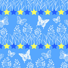 Grass, butterflies and stars seamless pattern. Vector stock illustration eps10.