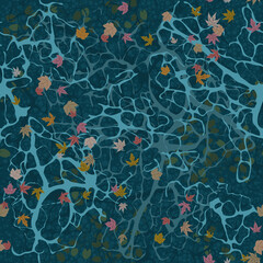 Top view of the ocean surface. Deep water with seaweed at the bottom. Ripple and splashes. Fallen leaves on the water. Water seamless pattern. 