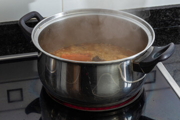 saucepan with a stew boiling on the ceramic hob