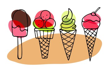 Ice Cream set. Different ice screm types. Hand drawn sketch. Delicious frozen dessert. Bright summertime sweet food. Vector doodle for cafe menu, t-shirt, wallart.