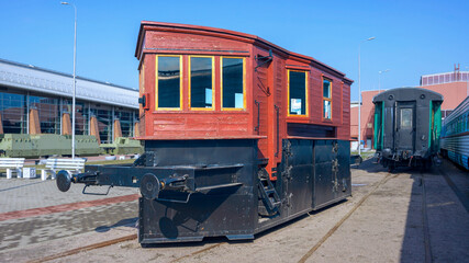 Fototapeta na wymiar Antique steam locomotive for cleaning railway tracks from snow in a museum in St. Petersburg, Russia