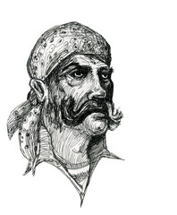 A pirate in a bandana. The stern gaze of a seasoned sailor. A grim face with wrinkles. A man with a mustache.