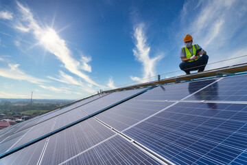 Asian technician checking the maintenance of the solar panels on roof, solar energy