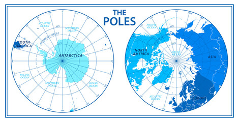 The Poles - North Pole and South Pole - Vector Detailed Illustration. Blue and White © Porcupen