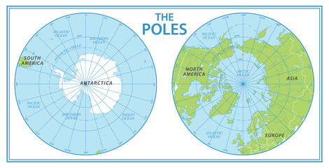 The Poles - North Pole and South Pole - Vector Detailed Illustration.