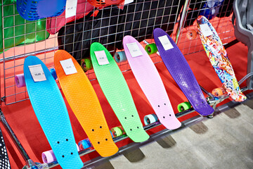 Colored skateboards in store