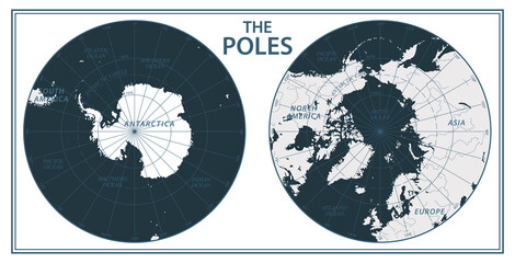 The Poles - North Pole and South Pole - Vector Detailed Illustration. Black and White © Porcupen