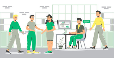 Coworkers are working. Business meeting collaboration. Office is open. Successful teamwork concept vector. Employee is sitting at the table. Brainstorming is up. Business partnership