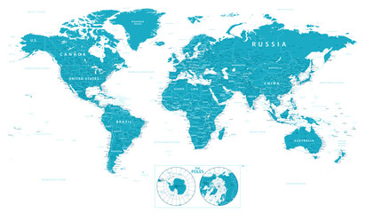 World Map Political and Poles - vector illustration. Highly detailed map of the world: countries, cities, water objects
