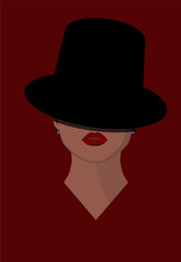 Woman in a black hat with red lips on vivid red background. Flat illustration in fashion style.