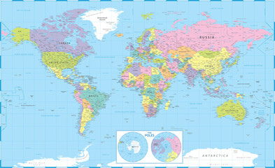 World Map Political and The Poles - Vector Detailed Illustration