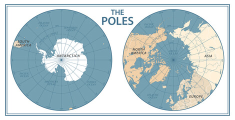 The Poles - North Pole and South Pole - Vector Detailed Illustration. Physical Vintage
