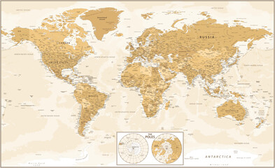 World Map and Poles - Golden Vintage Political Topographic - Vector Detailed Layered Illustration