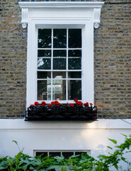 brick façade part with white window and vases with red flowers