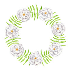 Watercolor floral wreath. Hand drawn white garden rose flowers with leaves. Round greenery frame for cards, wedding invitations, save the date, baby shower, banner. Elegant floral template clipart.