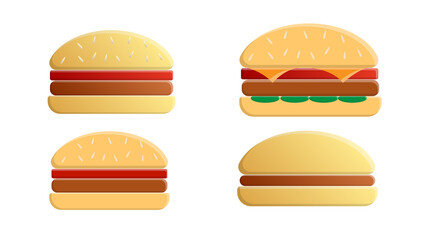 ingredients for classic burger isolated on white. Ingredients: bun, cutlet, cheese, bacon, sauce, buns, tomato, onion, cucumbers, beefs ham. Fast food ingredient for burgers