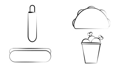 black icons - car fast delivery of food or food truck, set of icons of various fast food products