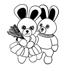 young couple of bunnies, girl with a bouquet