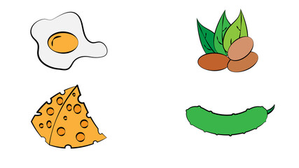 Set of various dietary food: vegetables, fruits, meat, fish, greens, cheese, nuts, berries. Collection of fresh organic food for dieting, weight loss, keeping fit, healthy eating. illustration