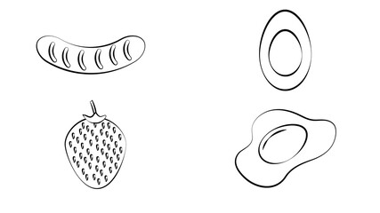 Hot Breakfast set, illustration, hand drawing, sketch, scrambled eggs, sausage, toast, champignon, coffee, croissant, strawberry, jam, sugar, fork, knife and spoon