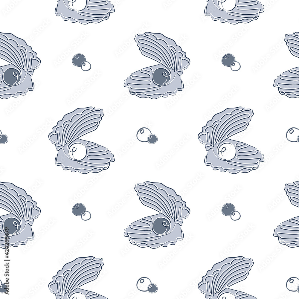Poster open seashell with pearl seamless pattern in line art. continuous one line drawing oyster and jewel 