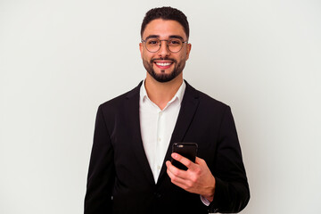 Young mixed race business man holding a mobile phone man isolated on white background