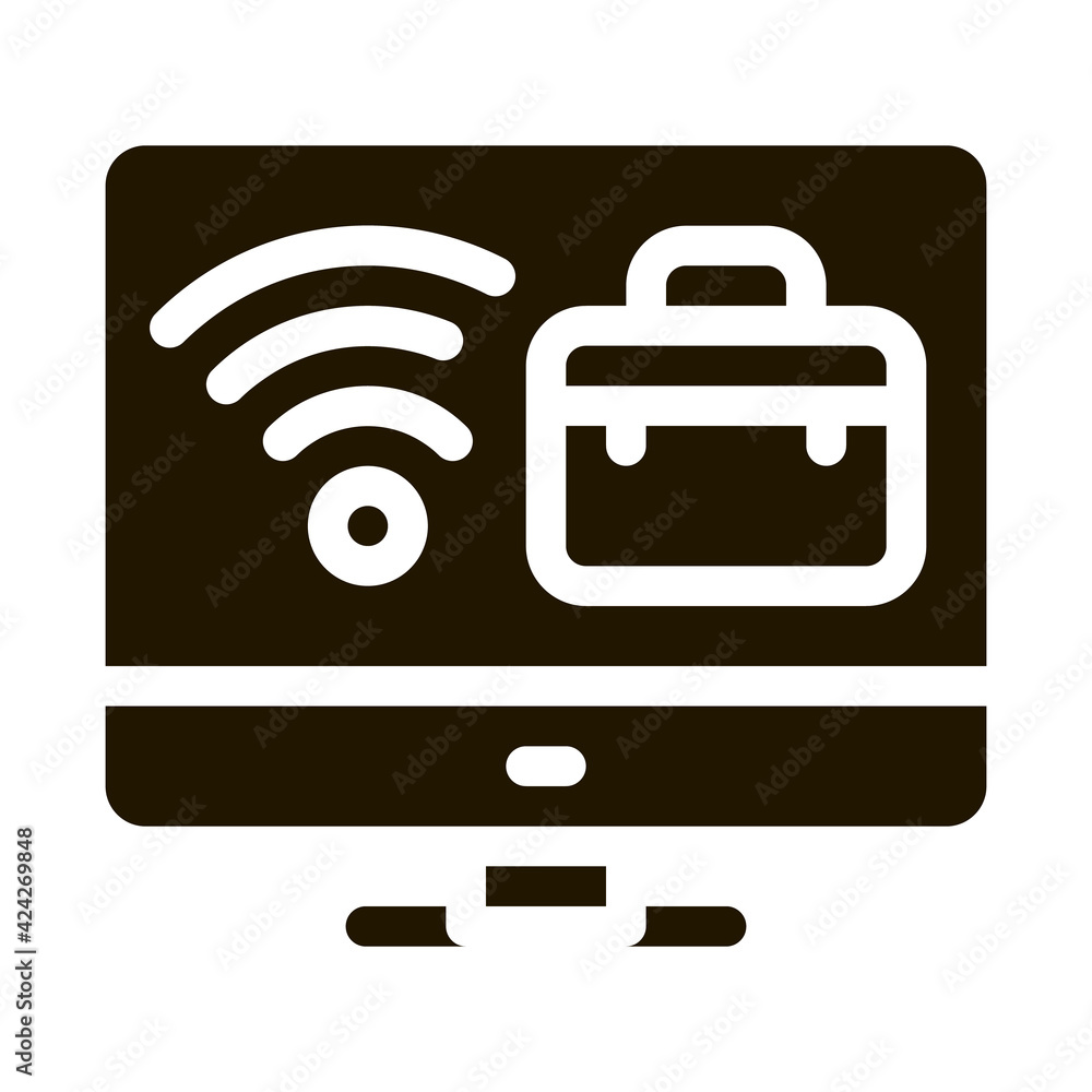 Poster wifi and business case on computer screen glyph icon vector. wifi and business case on computer scre