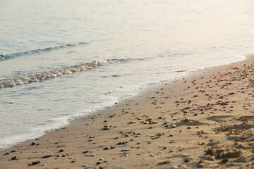 Waves running on sand and pebbles in sunlight. Sunset.