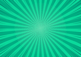 Pop art background. Comic pattern with starburst and halftone. Cartoon retro sunburst effect. Green banner with dots, beams. Vintage sunshine texture. Vector illustration.