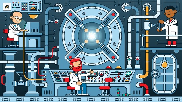 Team of scientists starts reactor in the control room of physics laboratory. Steampunk machine under control of scientists during experiment. Vector illustration.