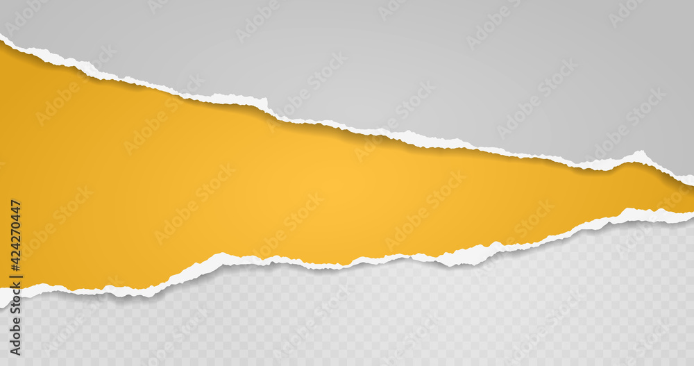Poster torn, ripped yellow, white paper strips with soft shadow are on squared background for text. vector 