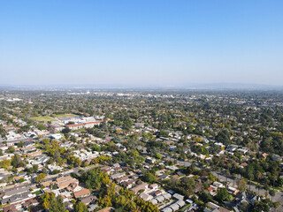 Aerial view above Pasadena neighborhood in northeast of downtown Los Angeles, California, USA