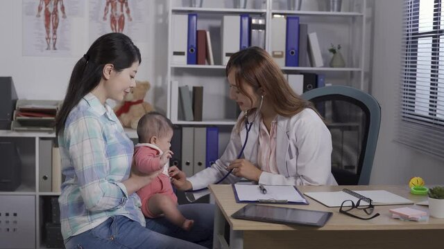 lovely kid sitting on mother’s lap getting health checkup in clinic room. pediatrician listening carefully to baby girl’s chest with stethoscope.