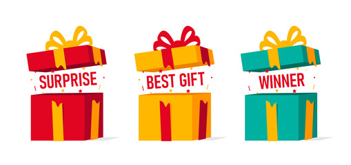 Set of open gift boxes with confetti pooping out of it with big text copy