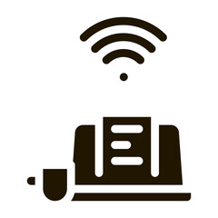 remote work laptop and drink cup glyph icon vector. remote work laptop and drink cup sign. isolated symbol illustration