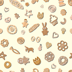 Seamless repeat cookies pattern. Drawn crackers, cookies, biscuits and pretzels of different shapes in natural neutral colors on a light background