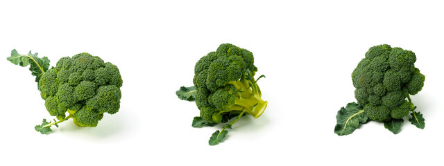 Fresh raw green broccoli isolated on white background. Picking broccoli in different forms. .