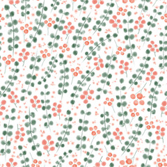 Red berries and green eucalyptus leaves watercolor floral seamless pattern on white
